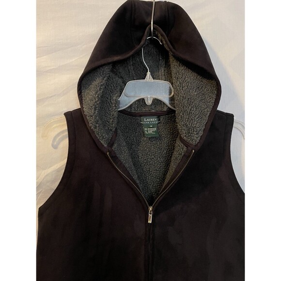 LAUREN RALPH LAUREN Suede Sherpa Lined Hooded Gray Equestrian Zip Vest M - Picture 3 of 9